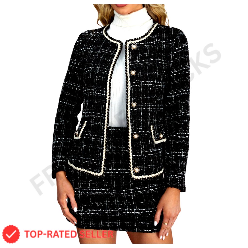 Plaid Tweed Jacket And Mini Skirt Two-Piece Suit Set